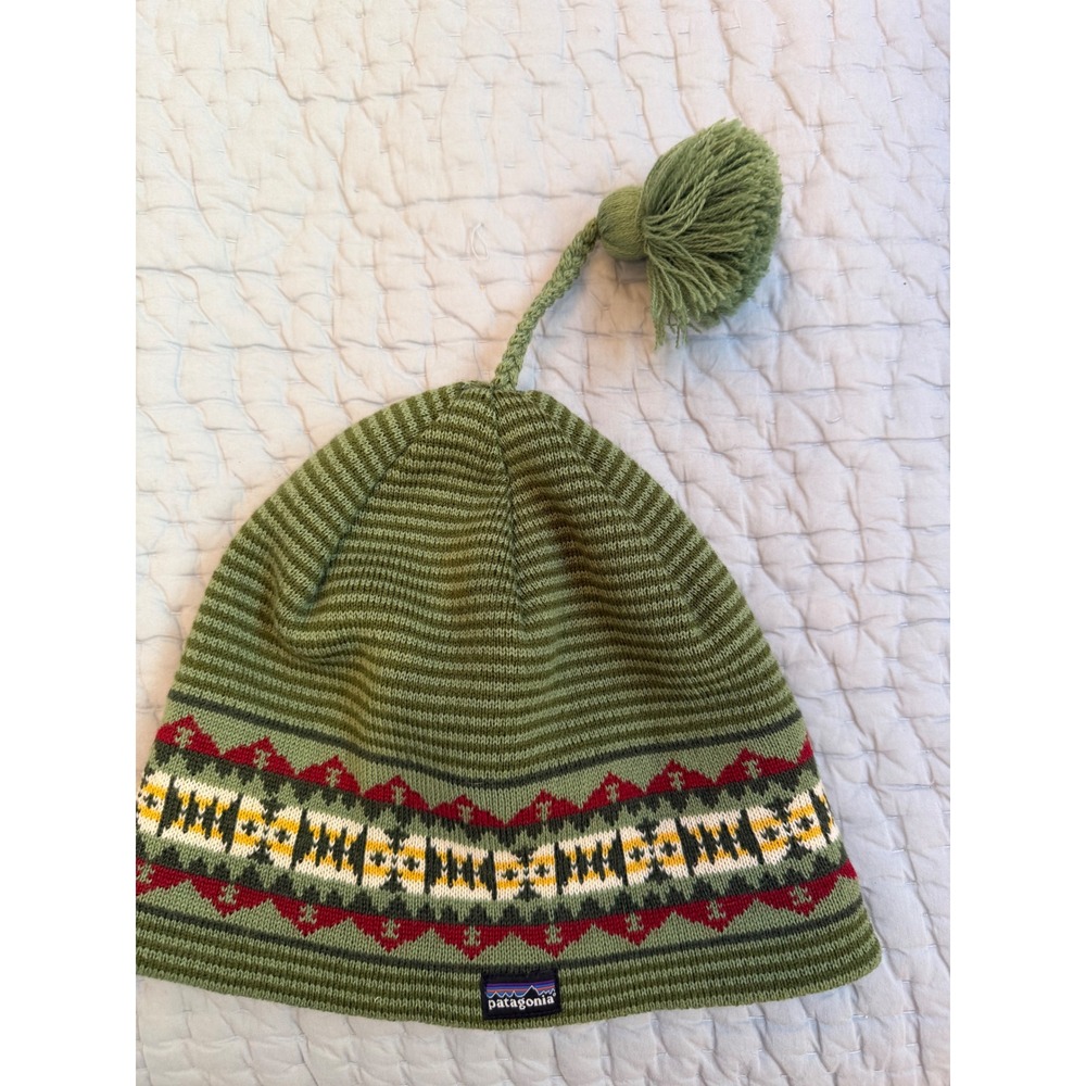 Patagonia Green Striped Fair Isle Tassel Beanie Wool Blend Winter Hat